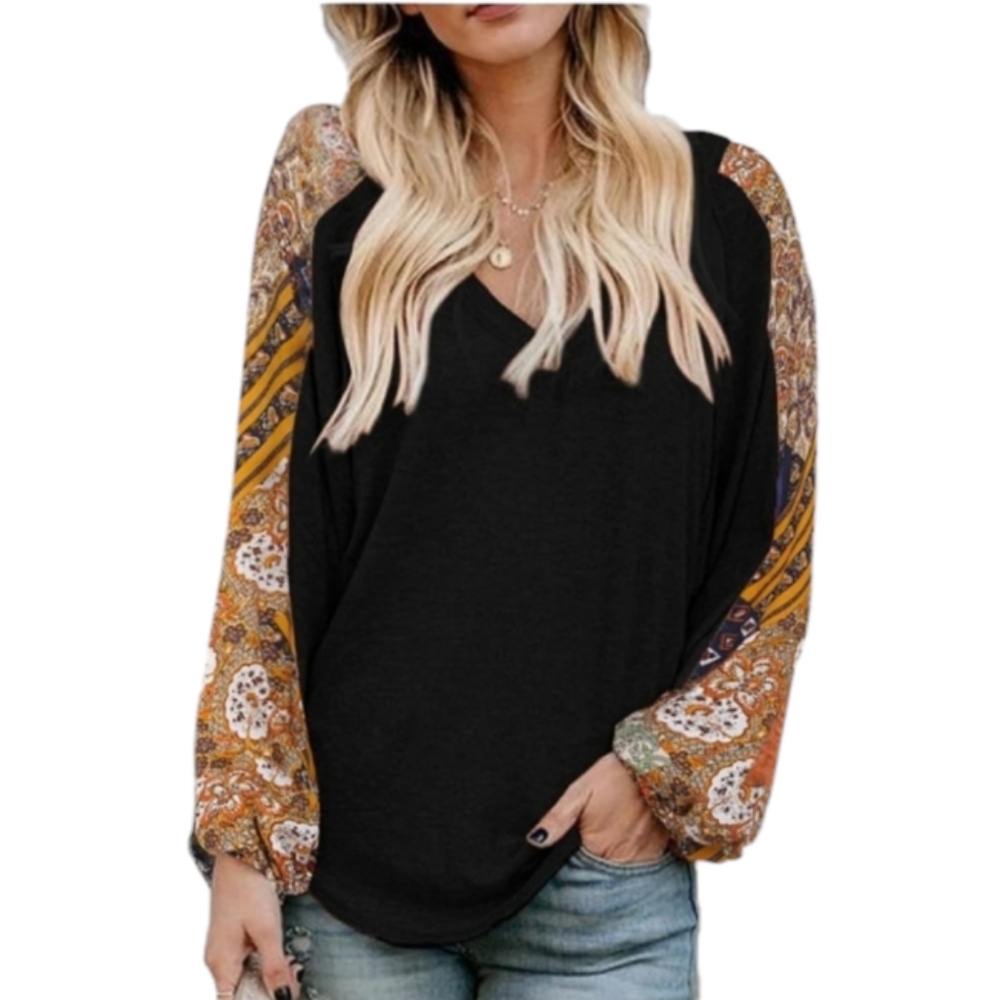 Beyove Women's Size Medium Boho Top Black with Lantern Style Patchwork Sleeves